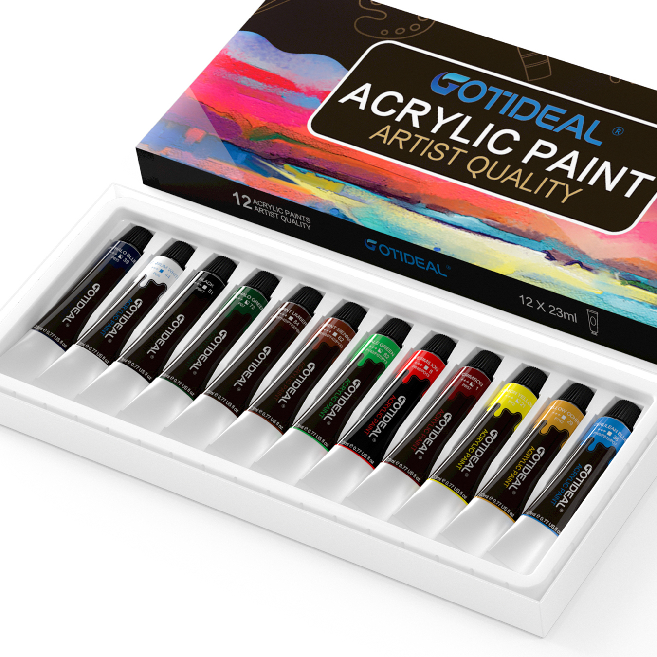 GOTIDEAL Acrylic Paint Set, 12 Colors/Tubes(23ml, 0.77 oz) Non Toxic Non Fading,Rich Pigments for Artist, Hobby Painters, Adults & Kids, Ideal for Canvas Wood Clay Fabric Ceramic Crafts