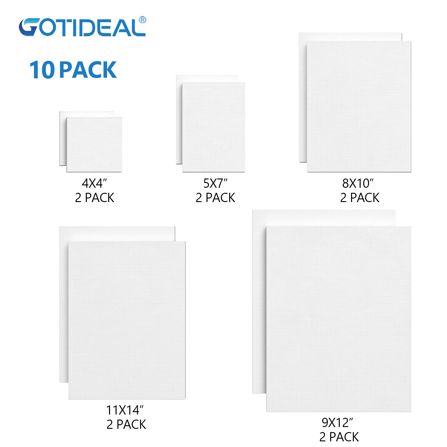 GOTIDEAL Stretched Canvas, Multi Pack 4x4", 5x7", 8x10",9x12", 11x14" Set of 10, Primed White - 100% Cotton Artist Canvas Boards for Painting, Acrylic Pouring, Oil Paint Dry & Wet Art Media
