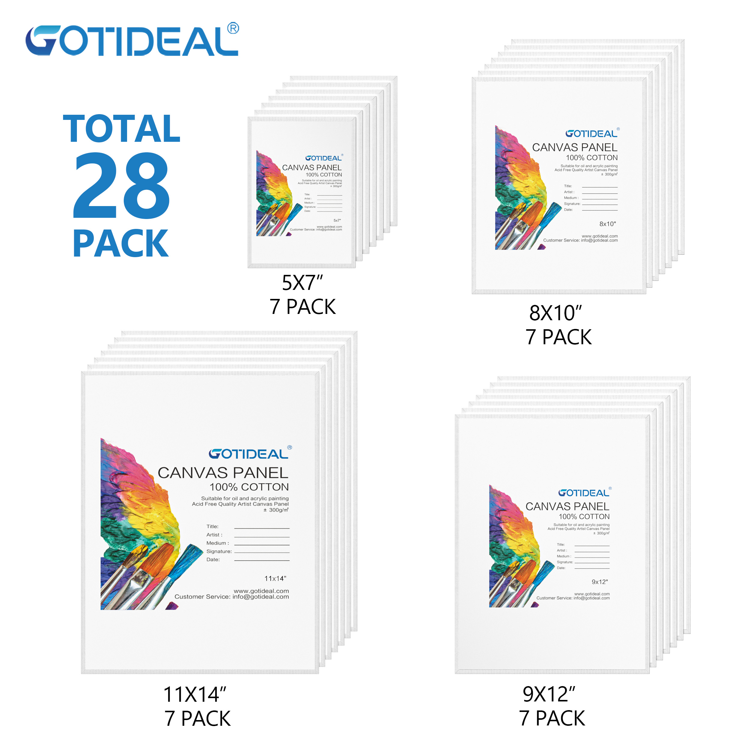 GOTIDEAL Canvas Panels Multi Pack, 5x7", 8x10", 9x12", 11x14" Set of 28,Professional Primed White Blank- 100% Cotton Artist Canvas Boards for Painting, Acrylic Paint, Oil Paint Dry & Wet Art Media