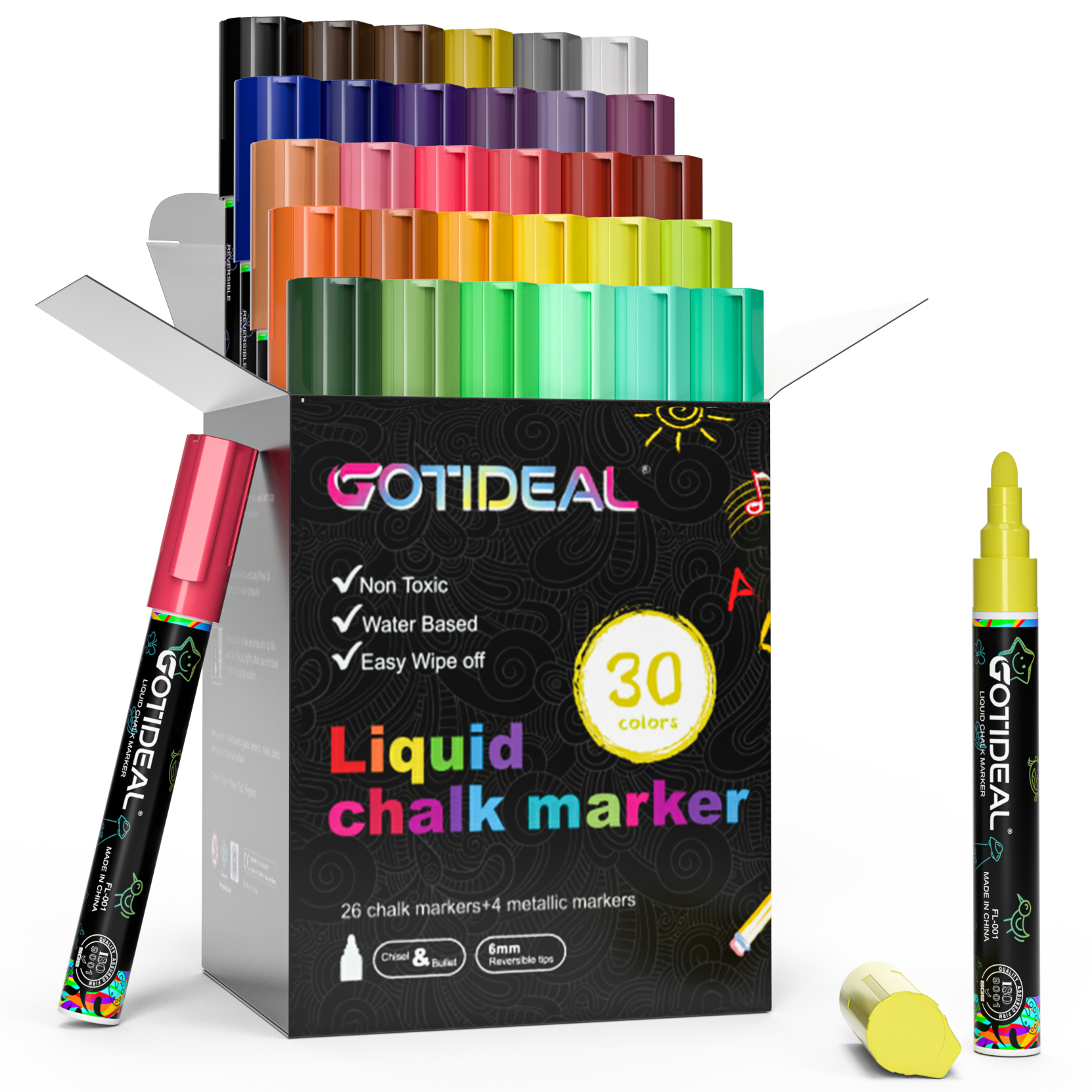 GOTIDEAL Liquid Chalk Markers, 30 colors Premium Window Chalkboard Neon Pens, Including 4 Metallic Colors, Painting and Drawing for Kids and Adults, Bistro & Restaurant, Wet Erase - Reversible Tip