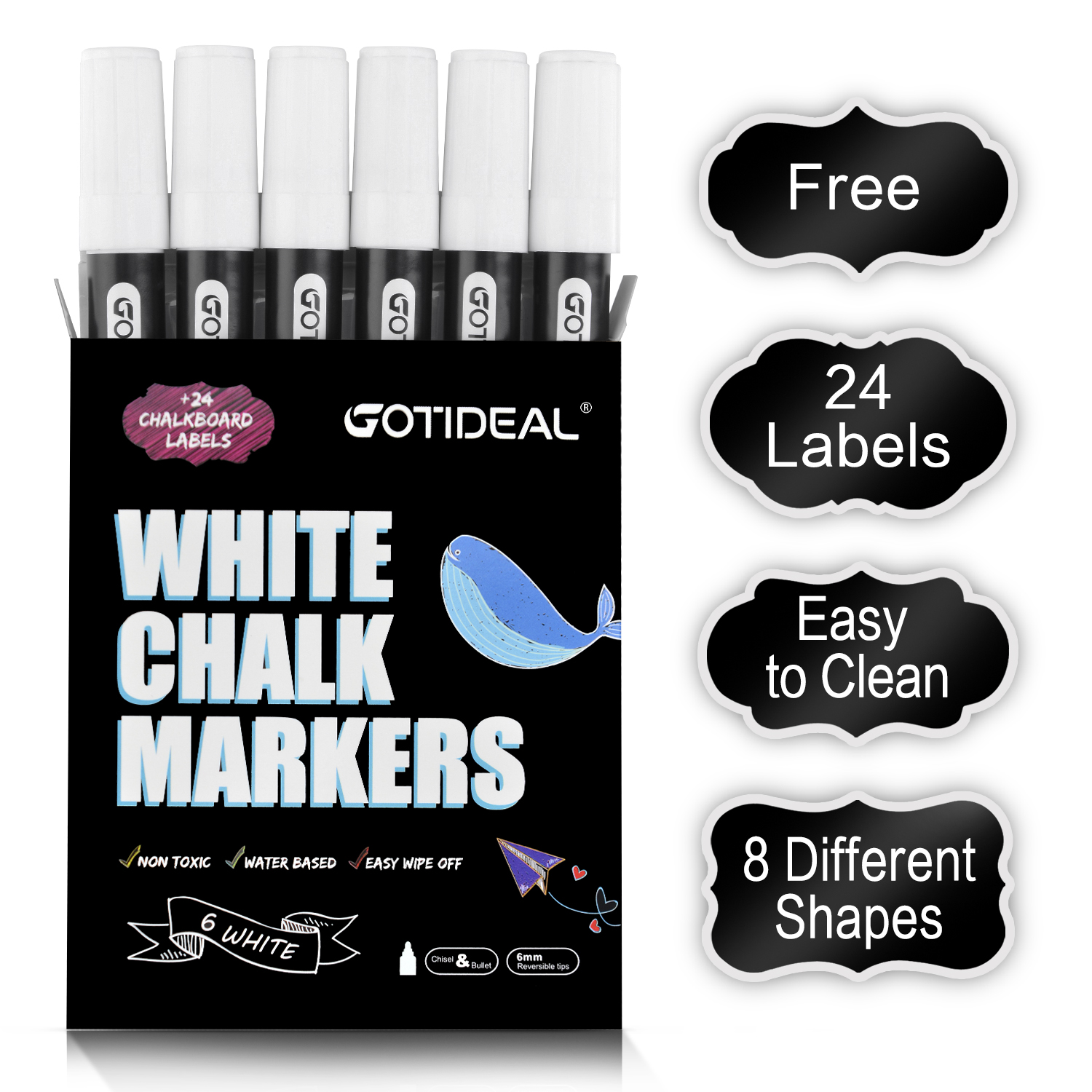 GOTIDEAL Liquid Chalk Markers, 6 Pack White Chalk Pens for Windows, Chalkboard Signs, Blackboard, Glass Painting, Dry & Wet Erase - 6mm Reversible Medium Tip-24 Free Chalkboard Labels