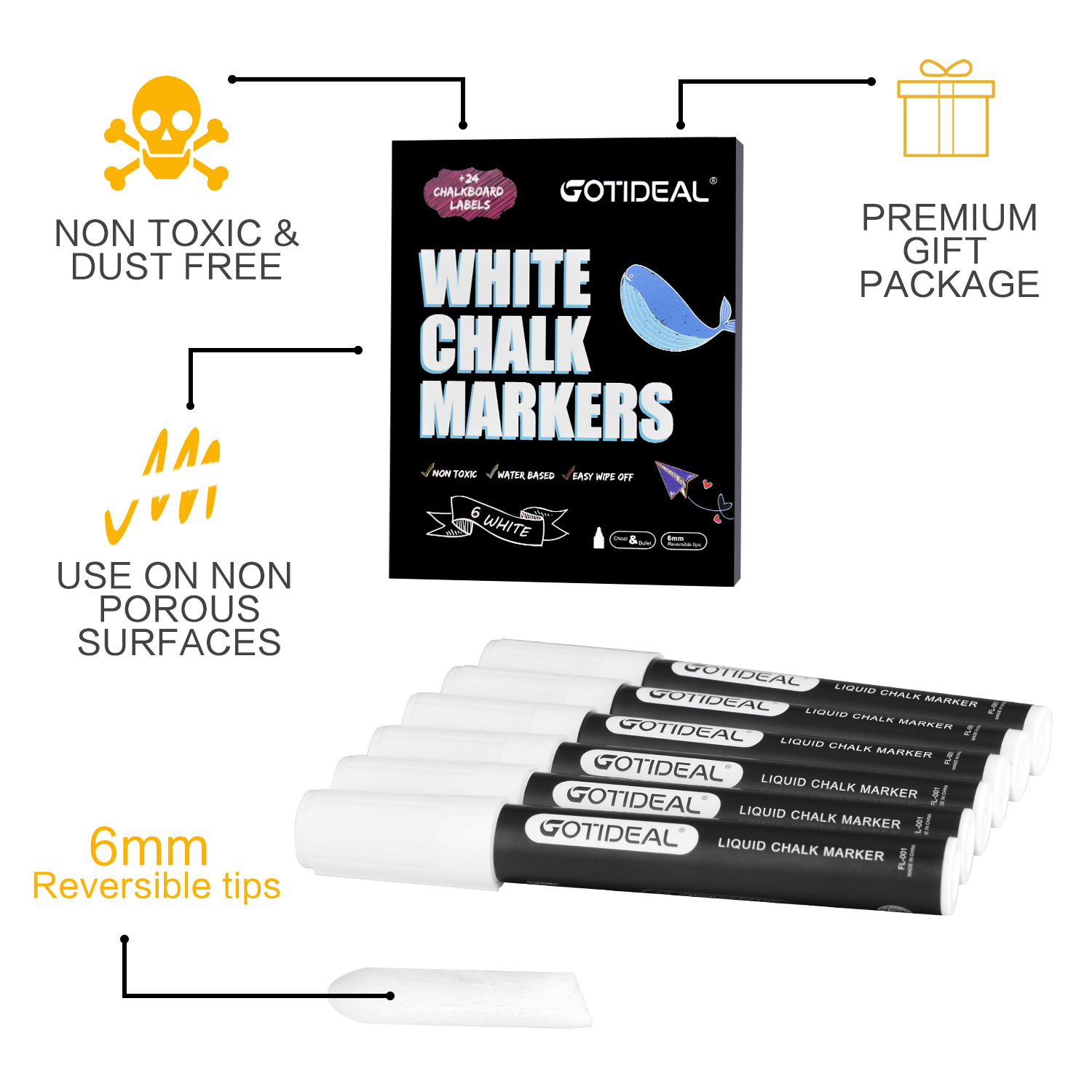 GOTIDEAL Liquid Chalk Markers, 6 Pack White Chalk Pens for Windows, Chalkboard Signs, Blackboard, Glass Painting, Dry & Wet Erase - 6mm Reversible Medium Tip-24 Free Chalkboard Labels