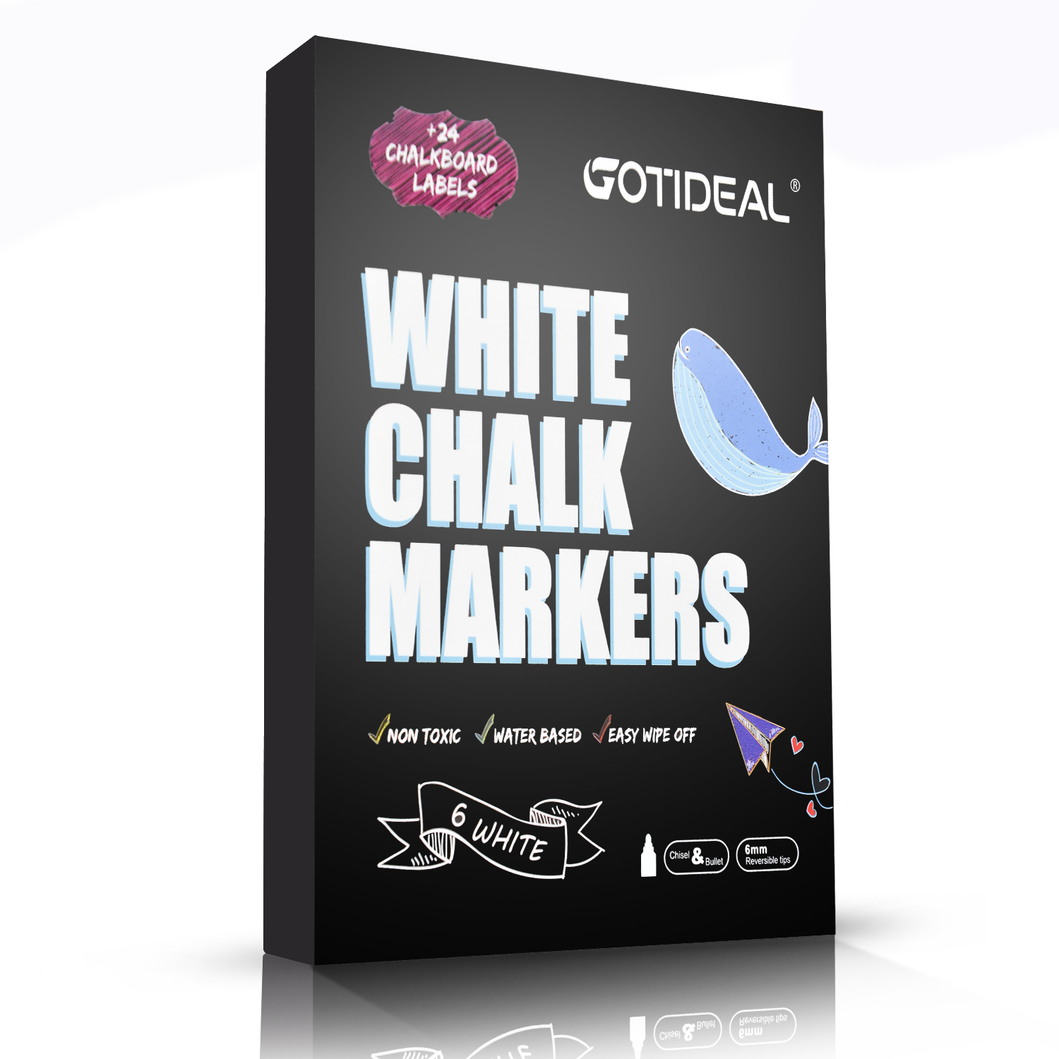 GOTIDEAL Liquid Chalk Markers, 6 Pack White Chalk Pens for Windows, Chalkboard Signs, Blackboard, Glass Painting, Dry & Wet Erase - 6mm Reversible Medium Tip-24 Free Chalkboard Labels