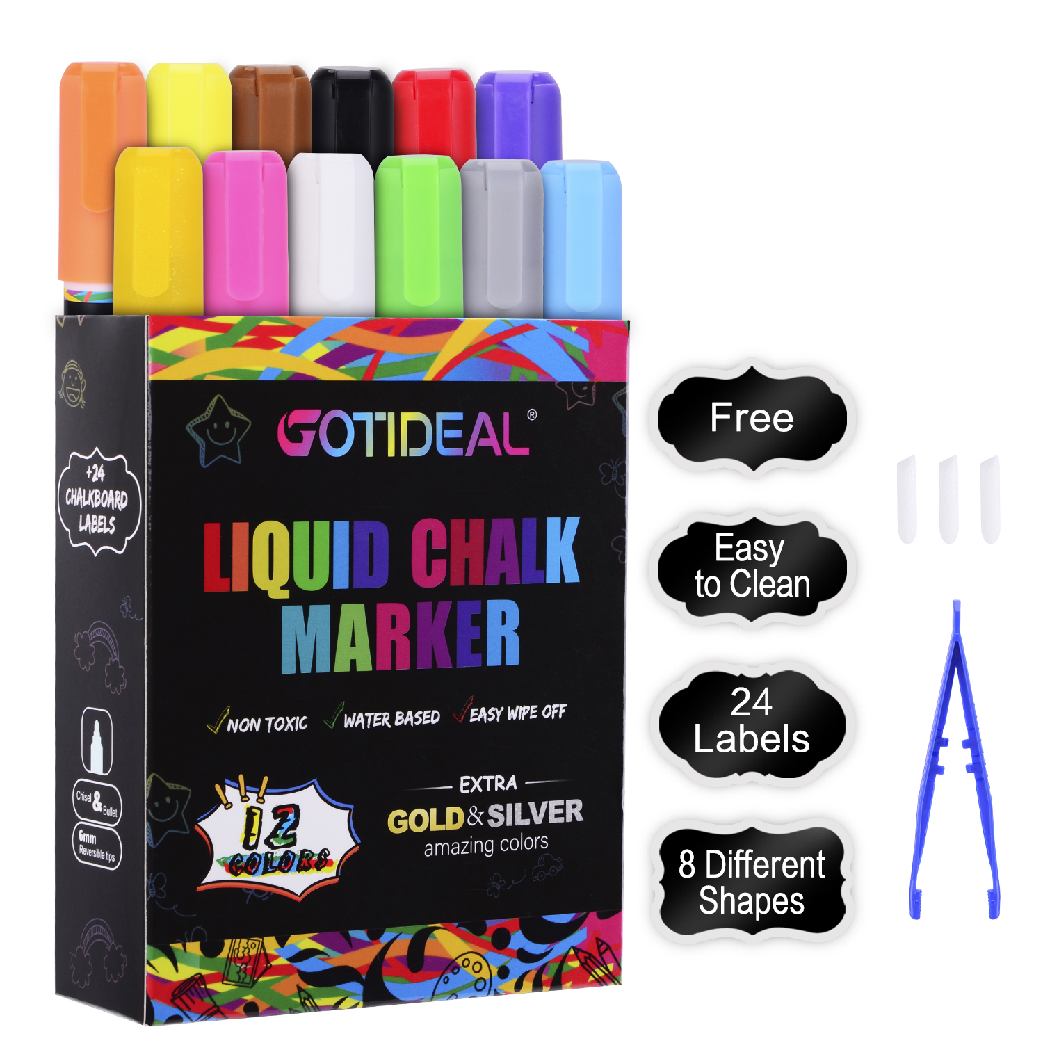 GOTIDEAL Liquid Chalk Markers, 12 Colors Premium Window Chalkboard Neon Pens, Including 2 Metallic Colors, Painting and Drawing for Kids and Adults, Bistro & Restaurant, Wet Erase - Reversible Tip