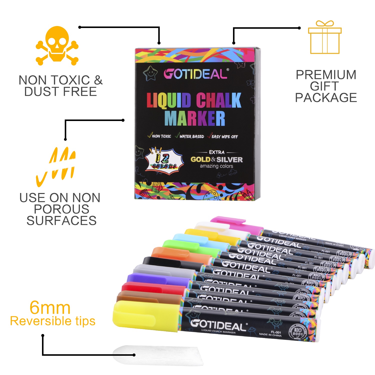 GOTIDEAL Liquid Chalk Markers, 12 Colors Premium Window Chalkboard Neon Pens, Including 2 Metallic Colors, Painting and Drawing for Kids and Adults, Bistro & Restaurant, Wet Erase - Reversible Tip