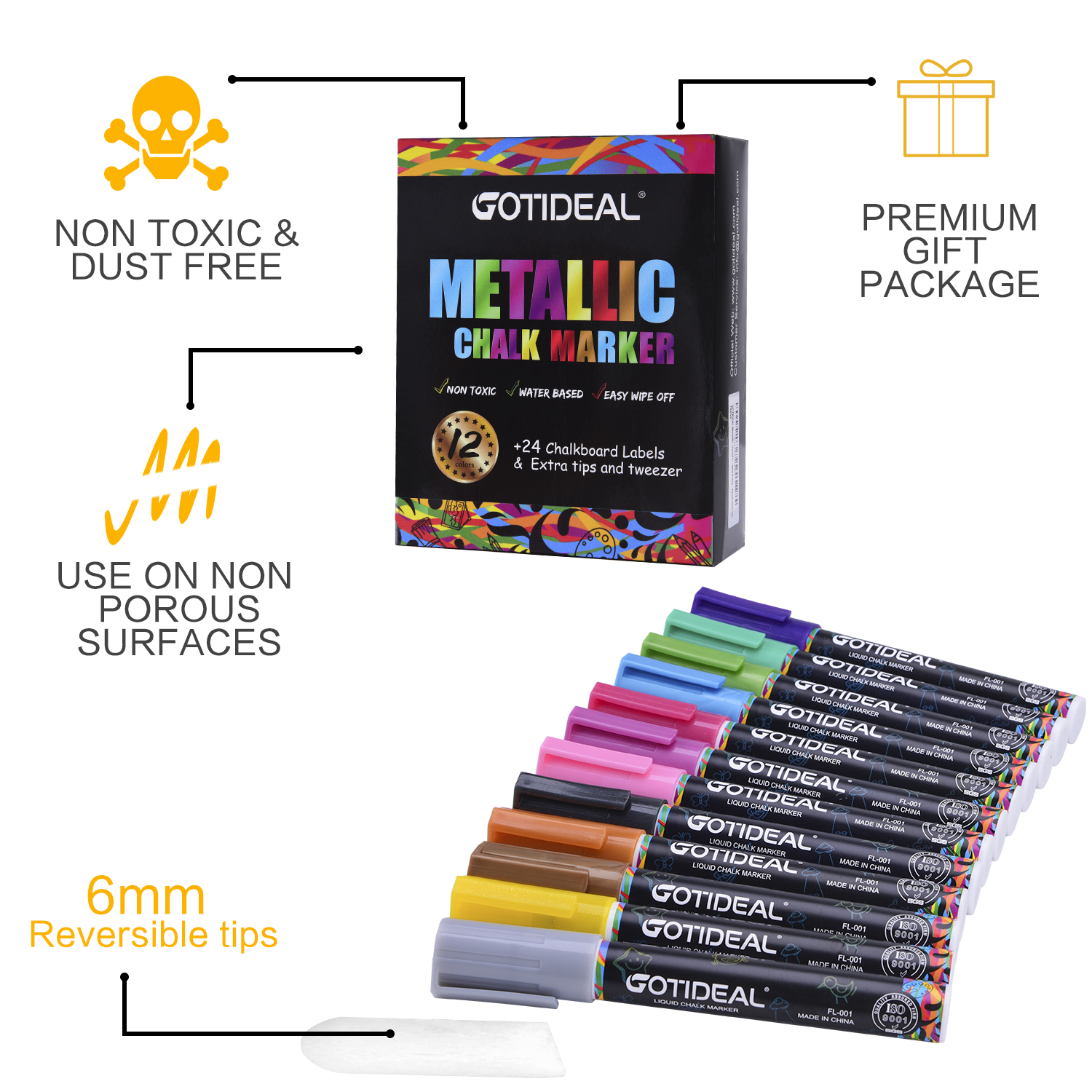 GOTIDEAL Metallic Liquid Chalk Markers, 12 Colors Premium Window Chalkboard Neon Pens, Painting and Drawing for Kids and Adults, Bistro & Restaurant, Wet Erase - Reversible Tip