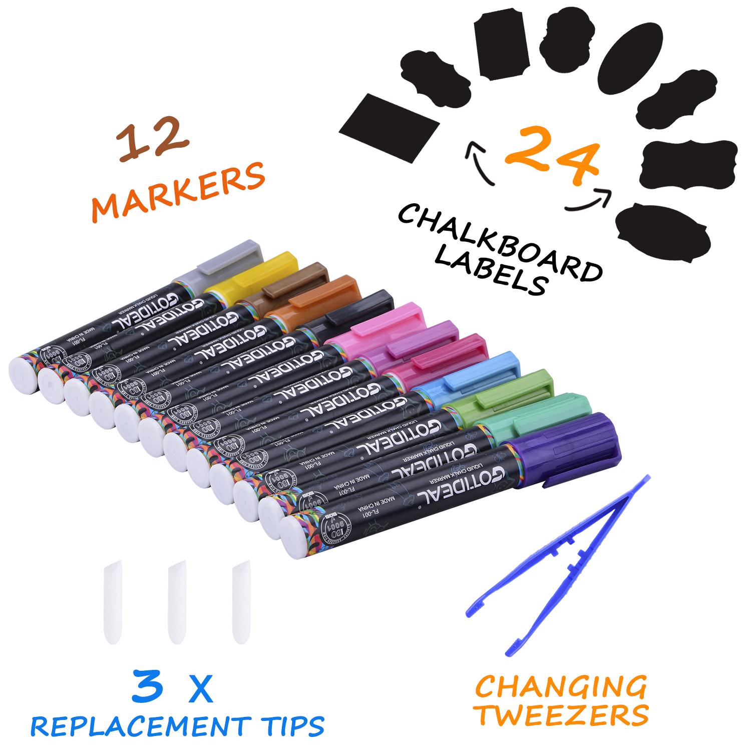 GOTIDEAL Metallic Liquid Chalk Markers, 12 Colors Premium Window Chalkboard Neon Pens, Painting and Drawing for Kids and Adults, Bistro & Restaurant, Wet Erase - Reversible Tip